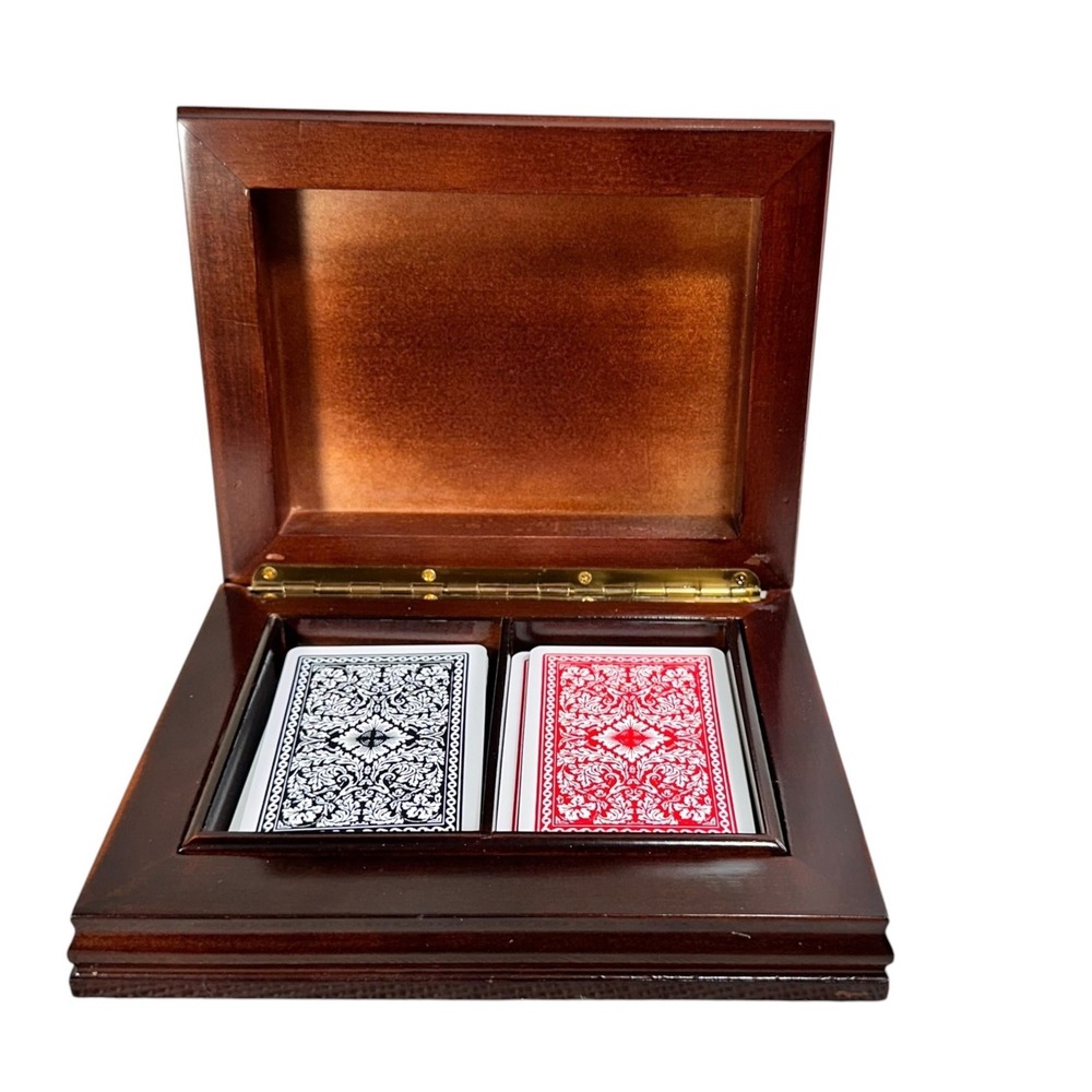 Vintage Wooden Double Deck Playing Card Box w/ Incomplete Cards Made in Taiwan